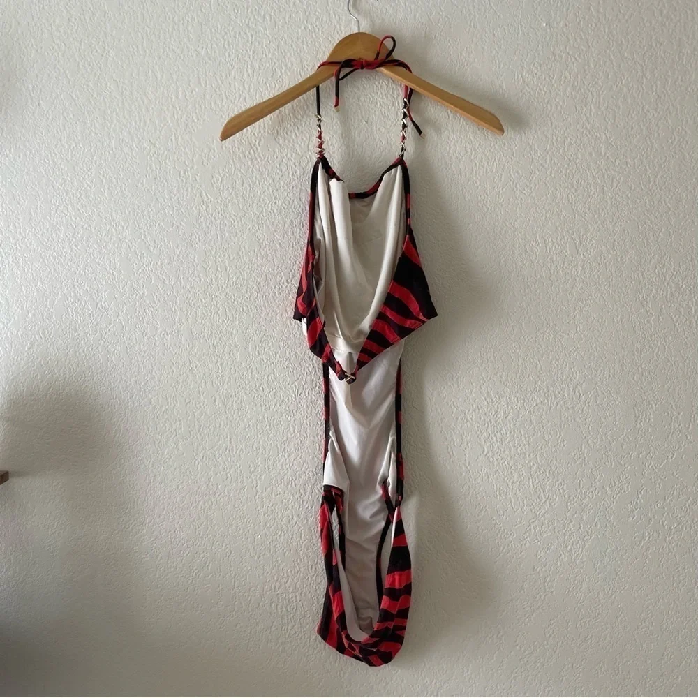 MICHAEL KORS Womens Red Black Gold Zebra Halter Tie One Piece Swimsuit